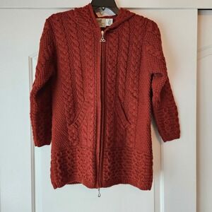 Aran Sweater Cardigan Sweater Small Zip Ireland  Merino Wool Rust Red Fisherman